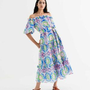 NWT BORGO DE NOR Gigi blue off the shoulder cotton midi dress